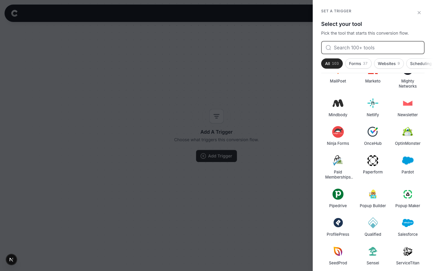 The trigger panel listing supported tools, with Paperform visible