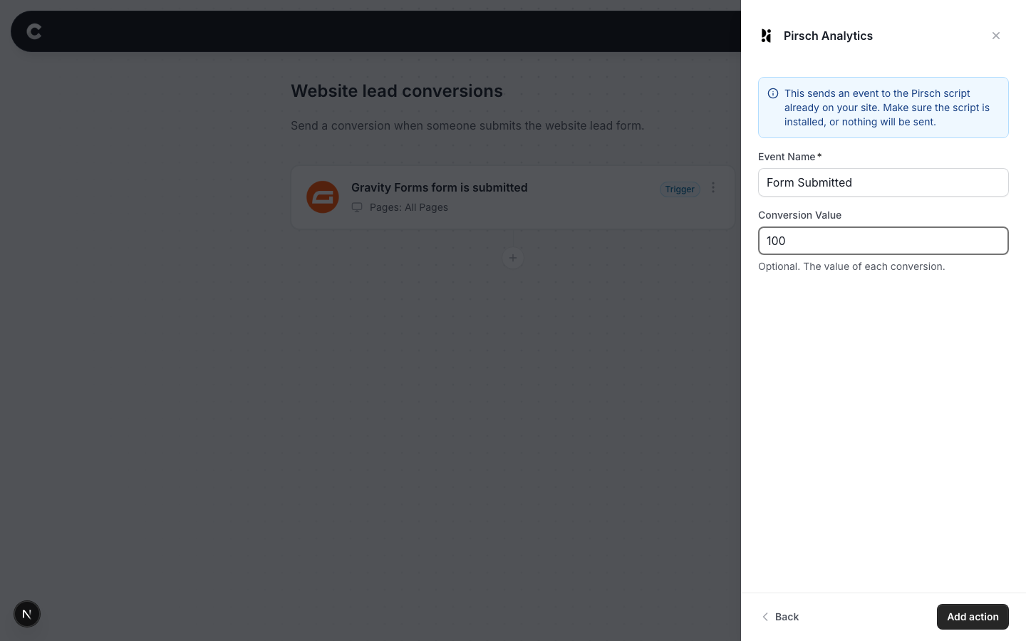 The Pirsch Analytics configuration screen with Event Name and Conversion Value fields