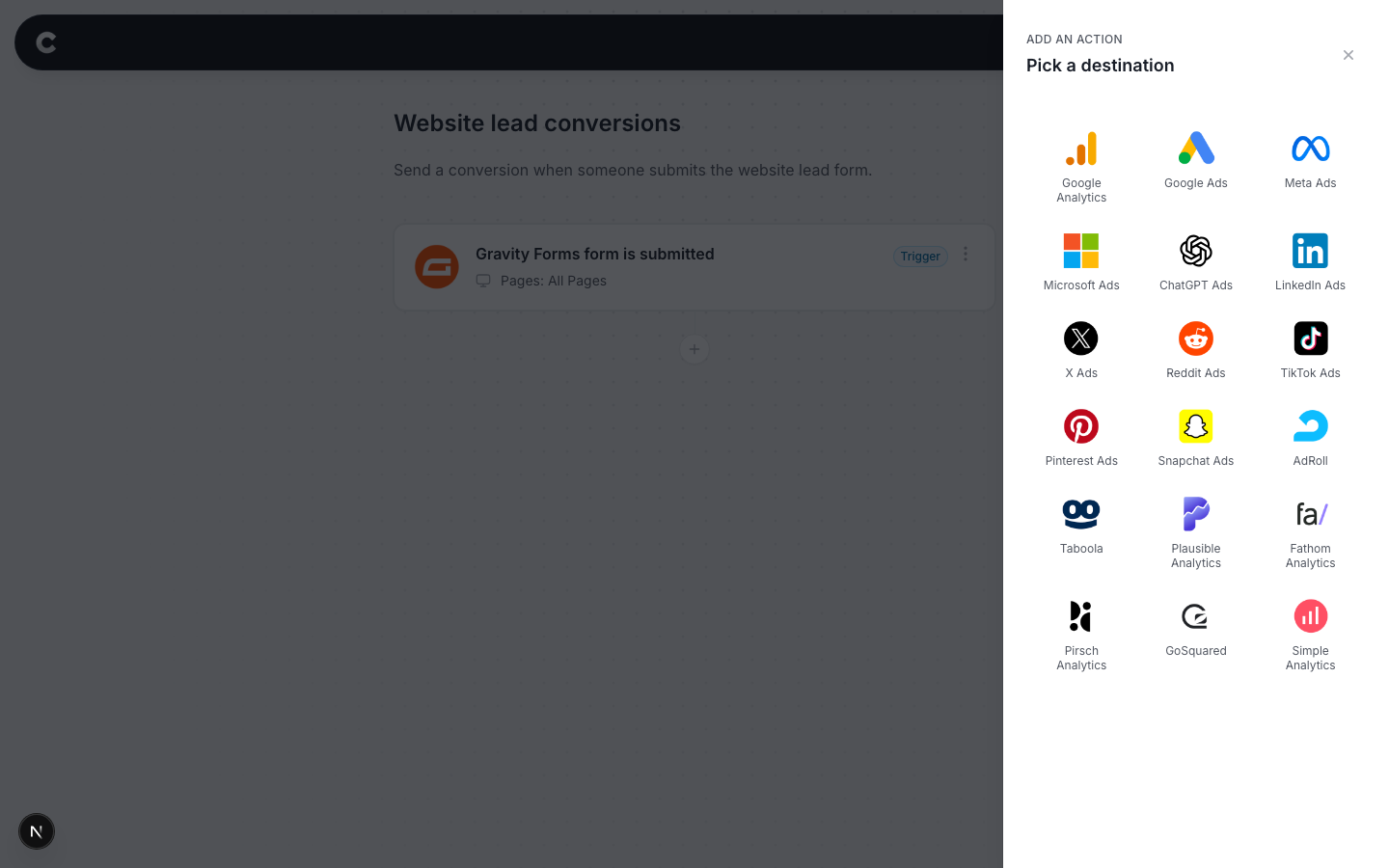 The destination panel with Plausible Analytics visible in the list