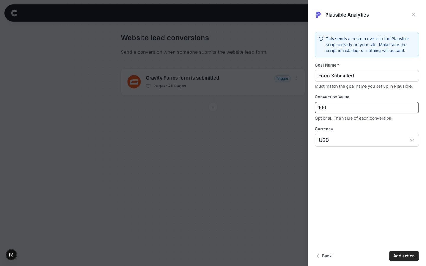 The Plausible Analytics configuration screen with Goal Name, Conversion Value and Currency fields