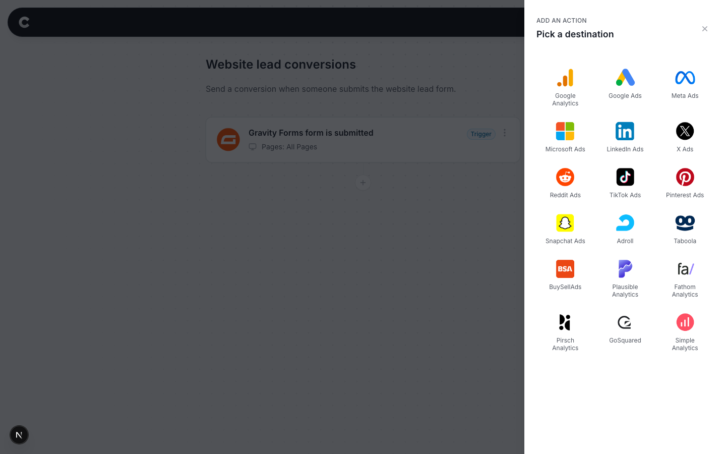 The destination panel with Reddit Ads visible