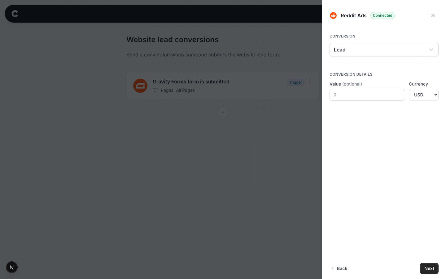 The configure screen with the Lead conversion selected and value and currency fields below it