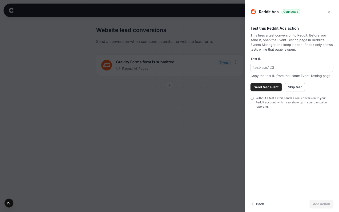 The test step with a Test ID field, a Send test event button, and a Skip test button