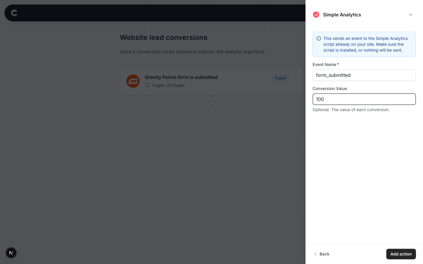 The Simple Analytics configuration screen with Event Name and Conversion Value fields