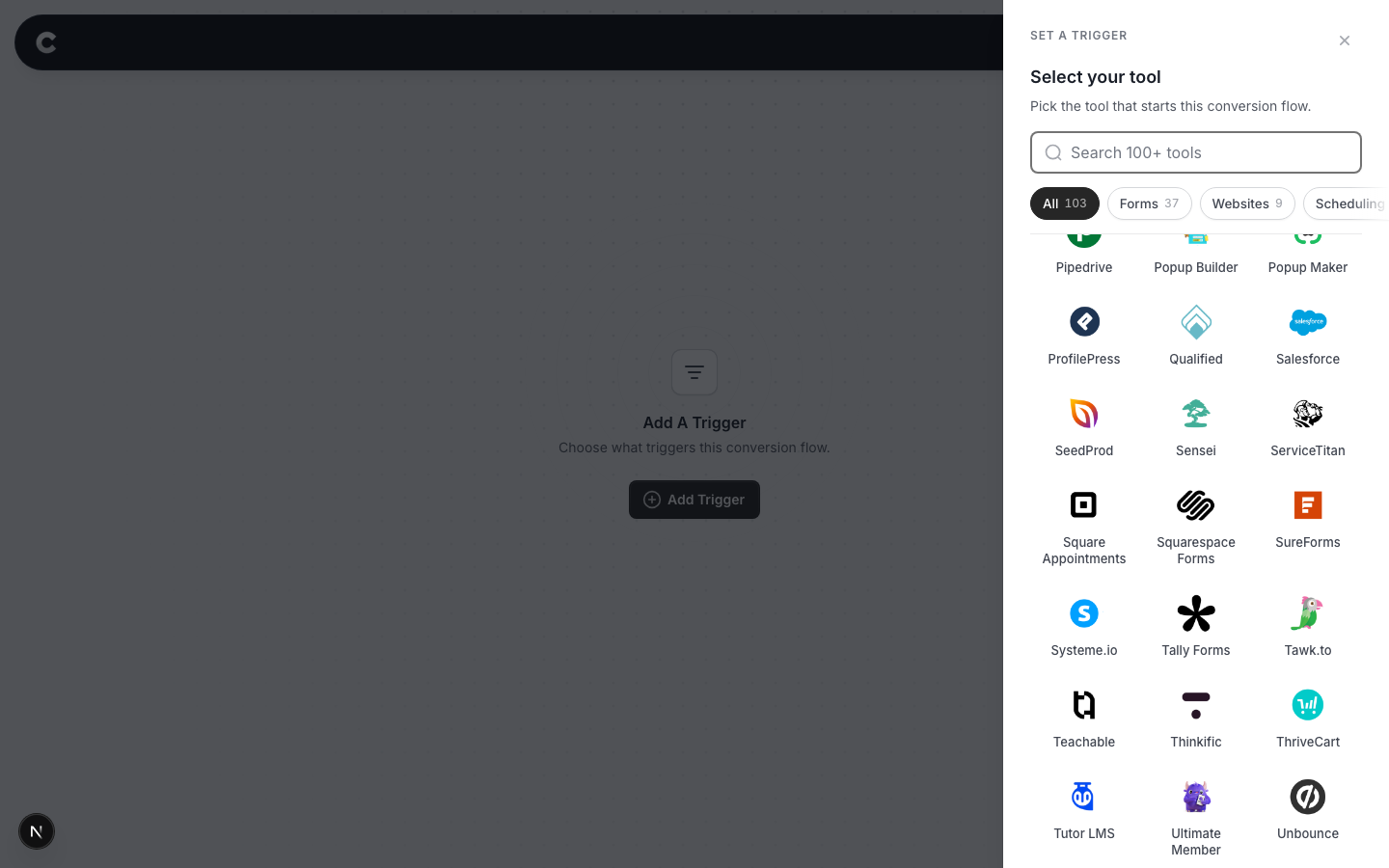 The trigger panel listing supported tools, with Squarespace Forms visible