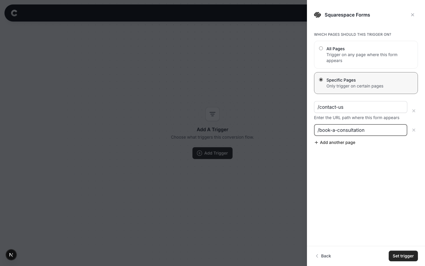 The Specific Pages option selected with two example page paths entered