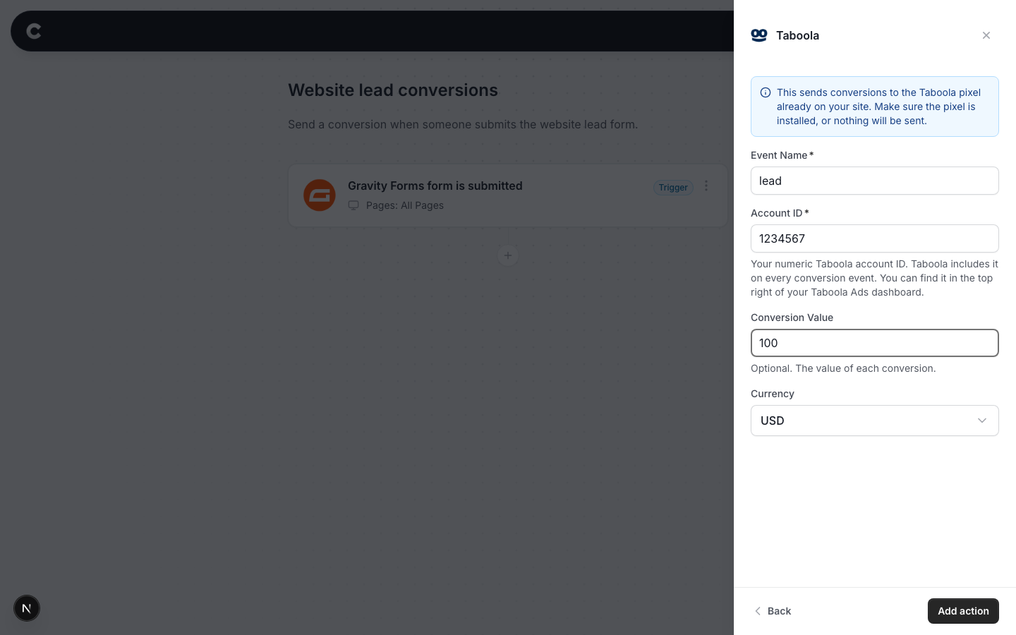 The Taboola configuration screen with Event Name, Account ID and Conversion Value fields