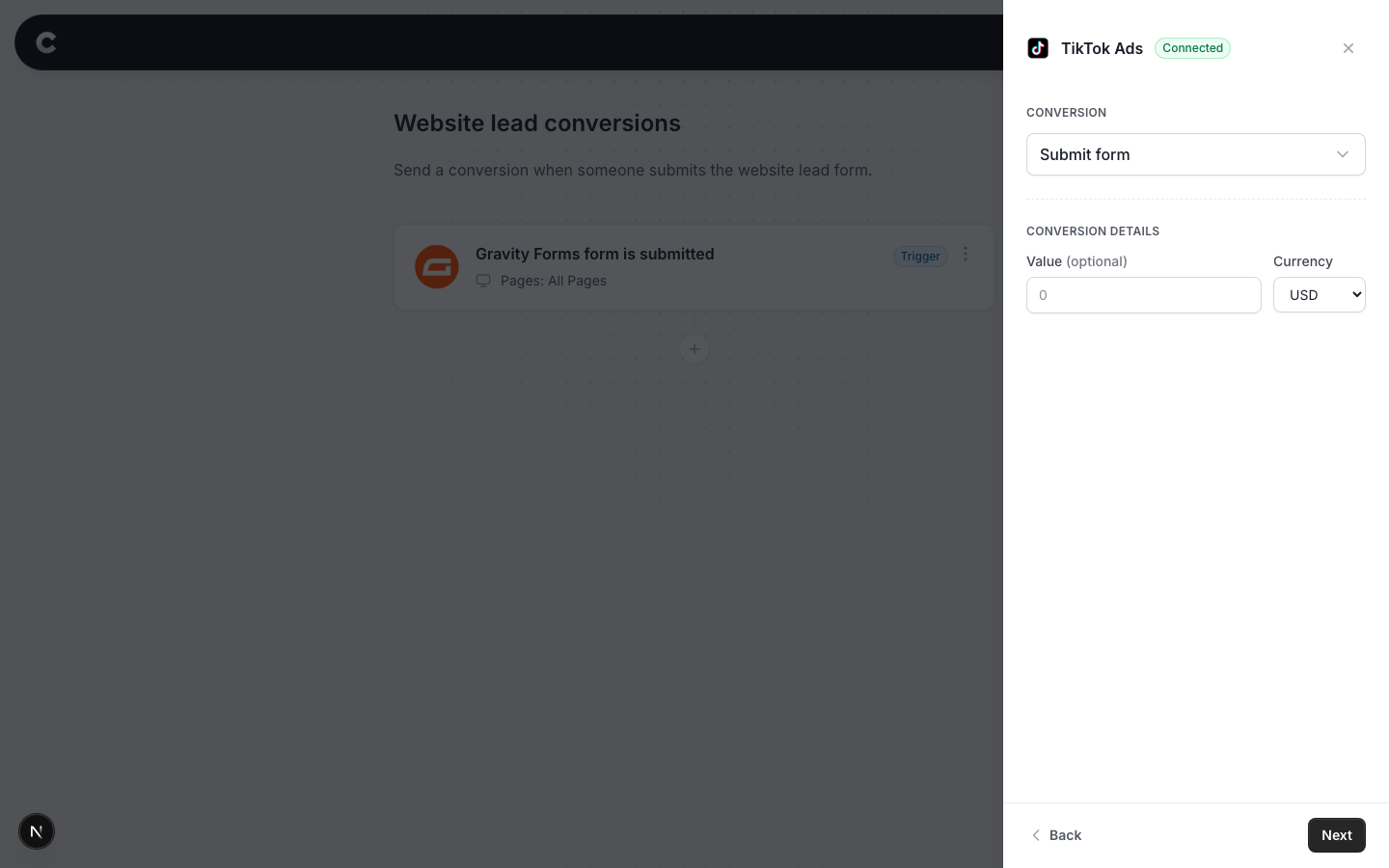 The configure screen with the Submit form conversion selected