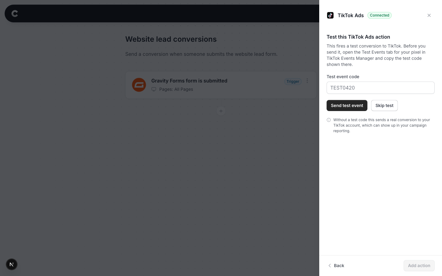 The test step in Converly with the Send test event button