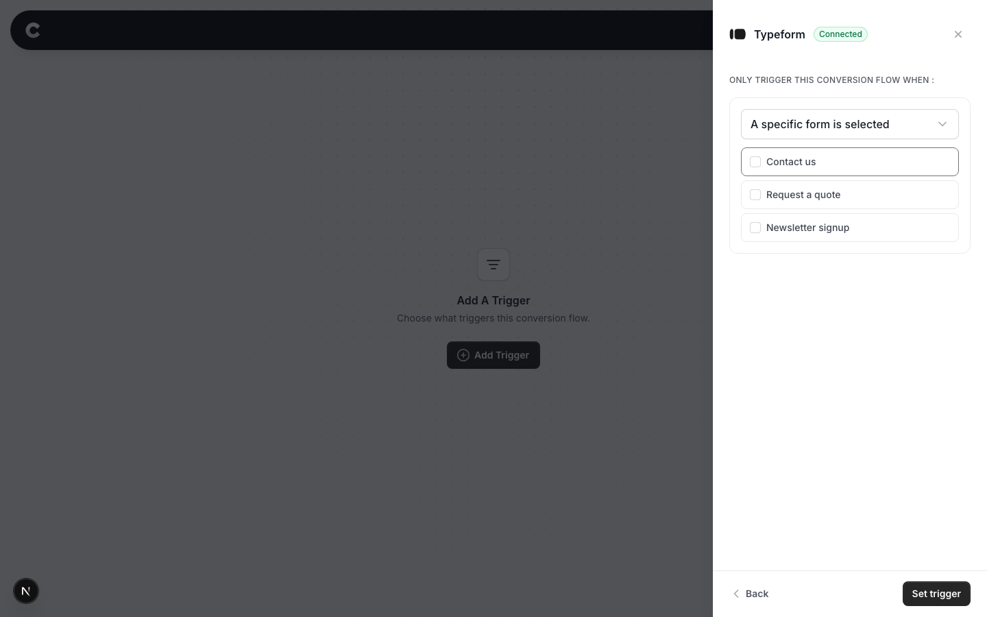 The conditions view with Typeform forms listed as checkboxes