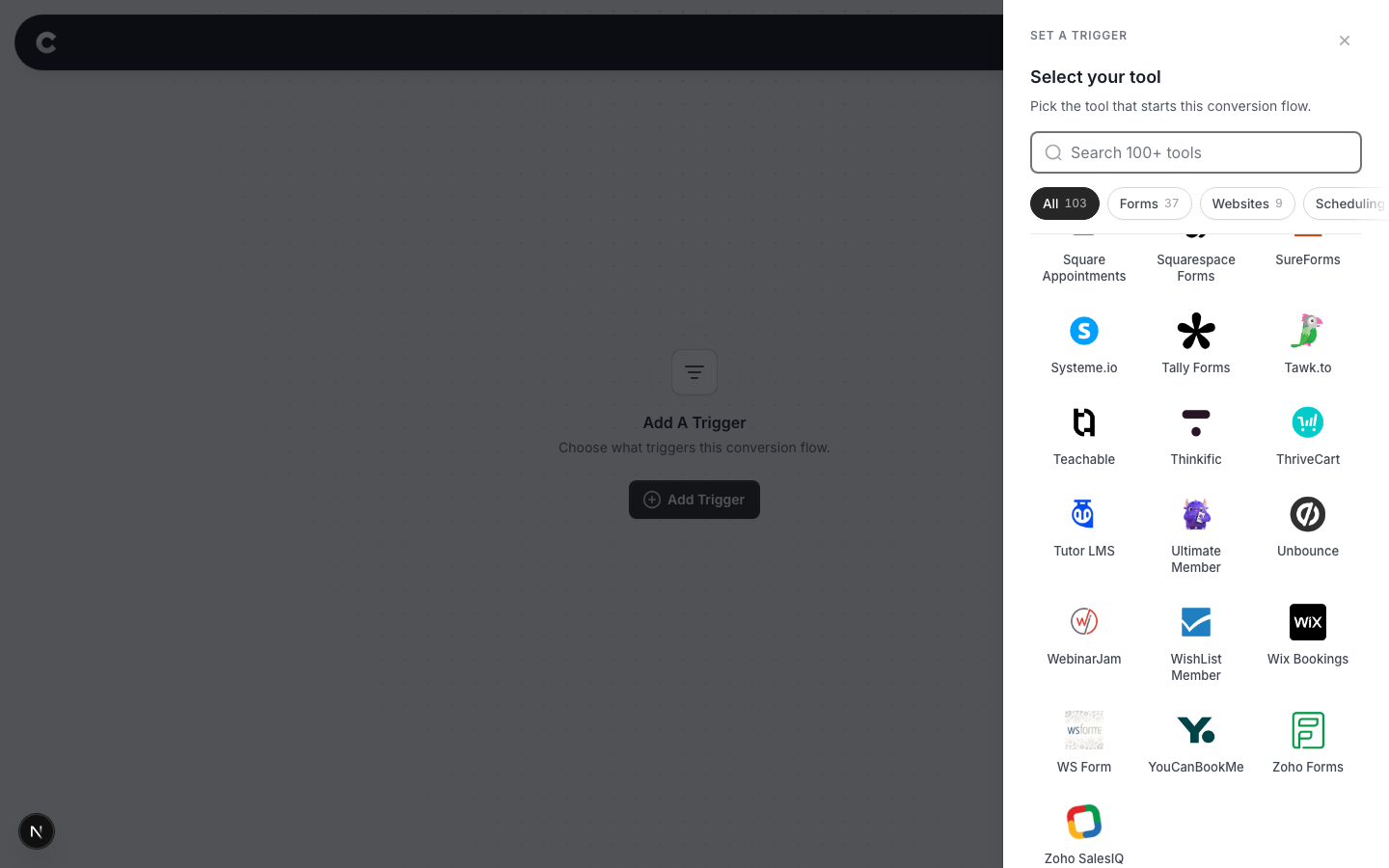 The trigger panel listing supported tools, with Unbounce visible