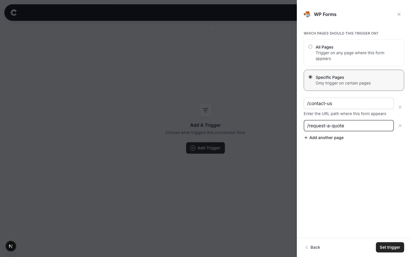 The Specific Pages option selected with two example page paths entered
