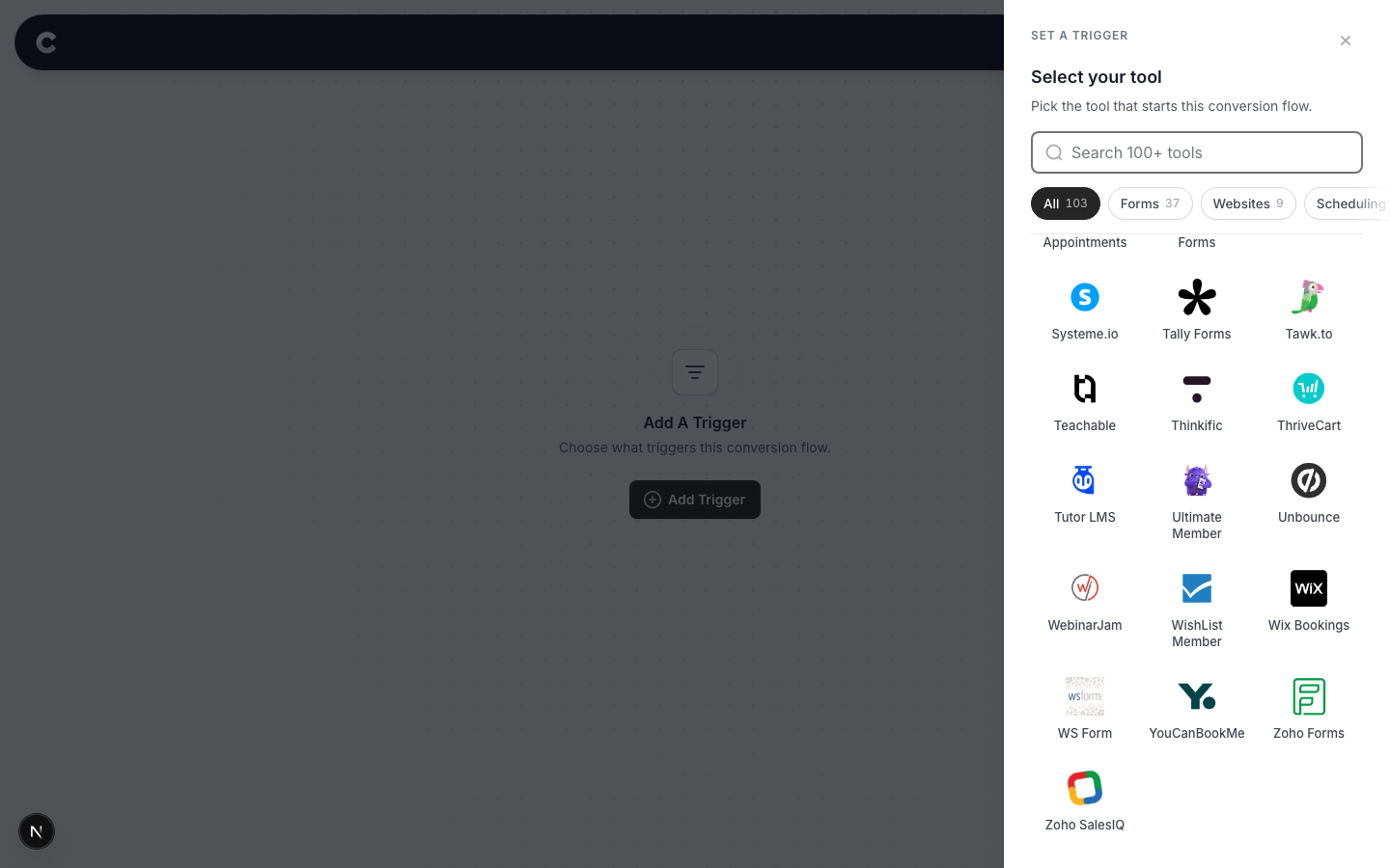 The trigger panel listing supported tools, with Zoho Forms visible