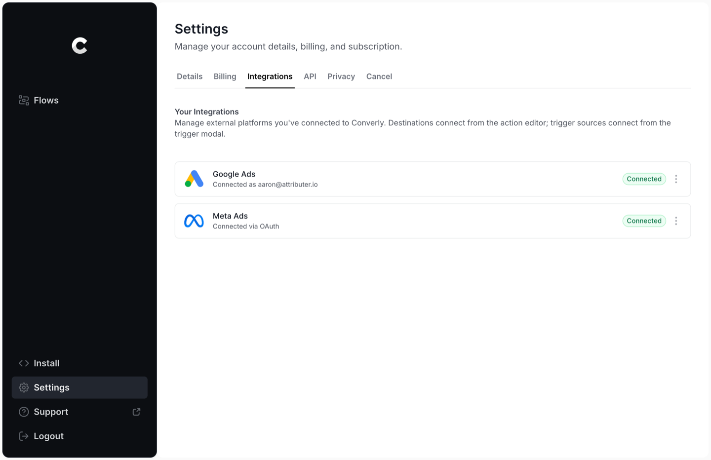 The Converly Integrations settings page showing the Google Ads row with the connected Google account