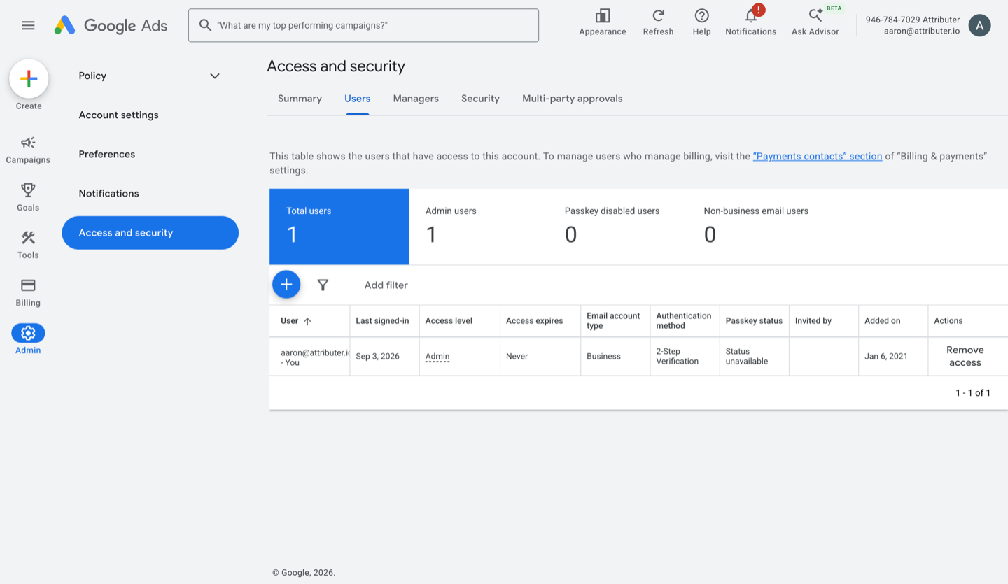 The Google Ads Access and security page on the Users tab, listing every account with access and its access level