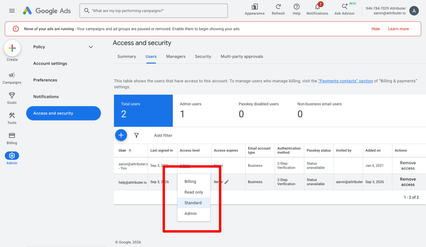 The Access level dropdown open, showing Billing, Read only, Standard and Admin as the choices