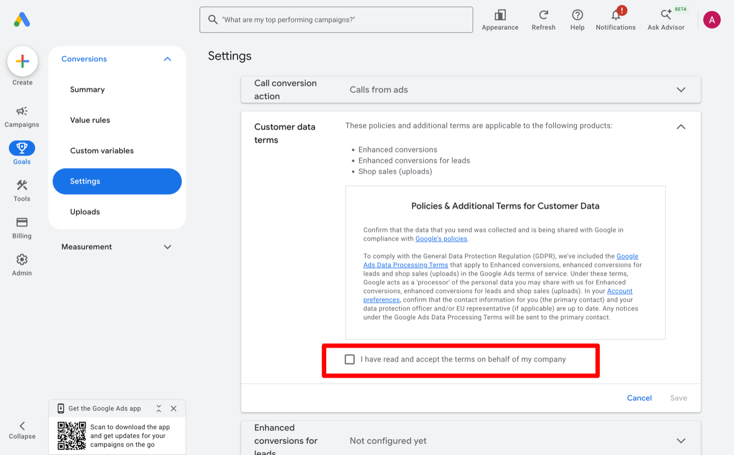 The expanded Customer data terms row showing the policies text and the acceptance tickbox