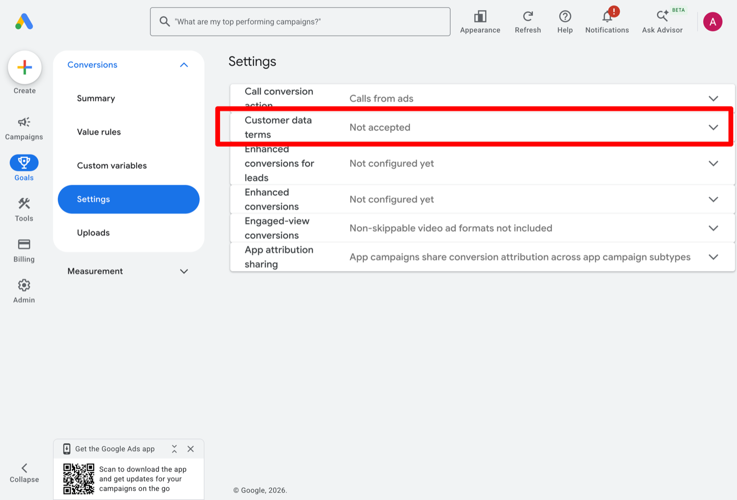 The Settings page listing Customer data terms with a status of Not accepted