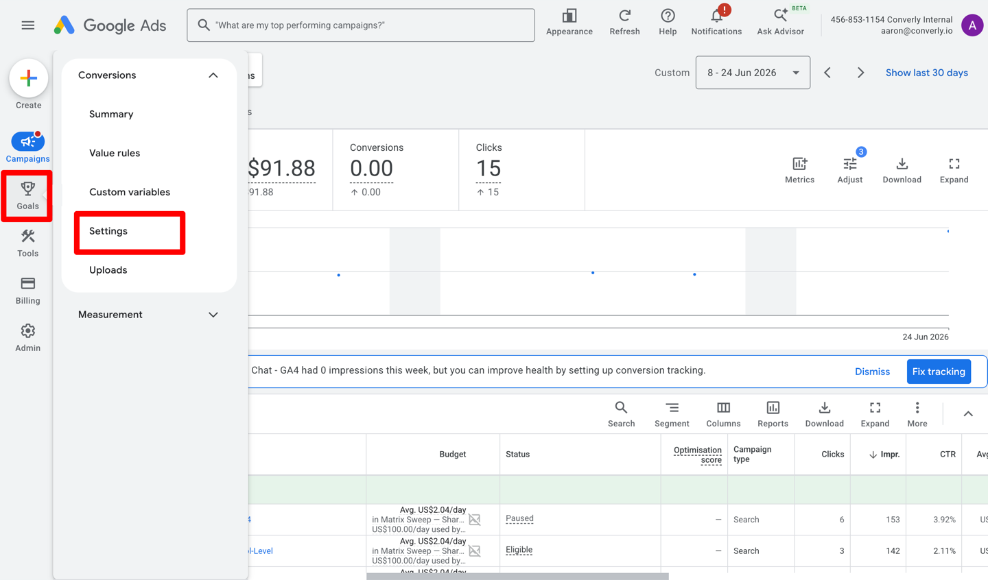The Google Ads left menu with Goals selected and Settings highlighted in the Conversions list