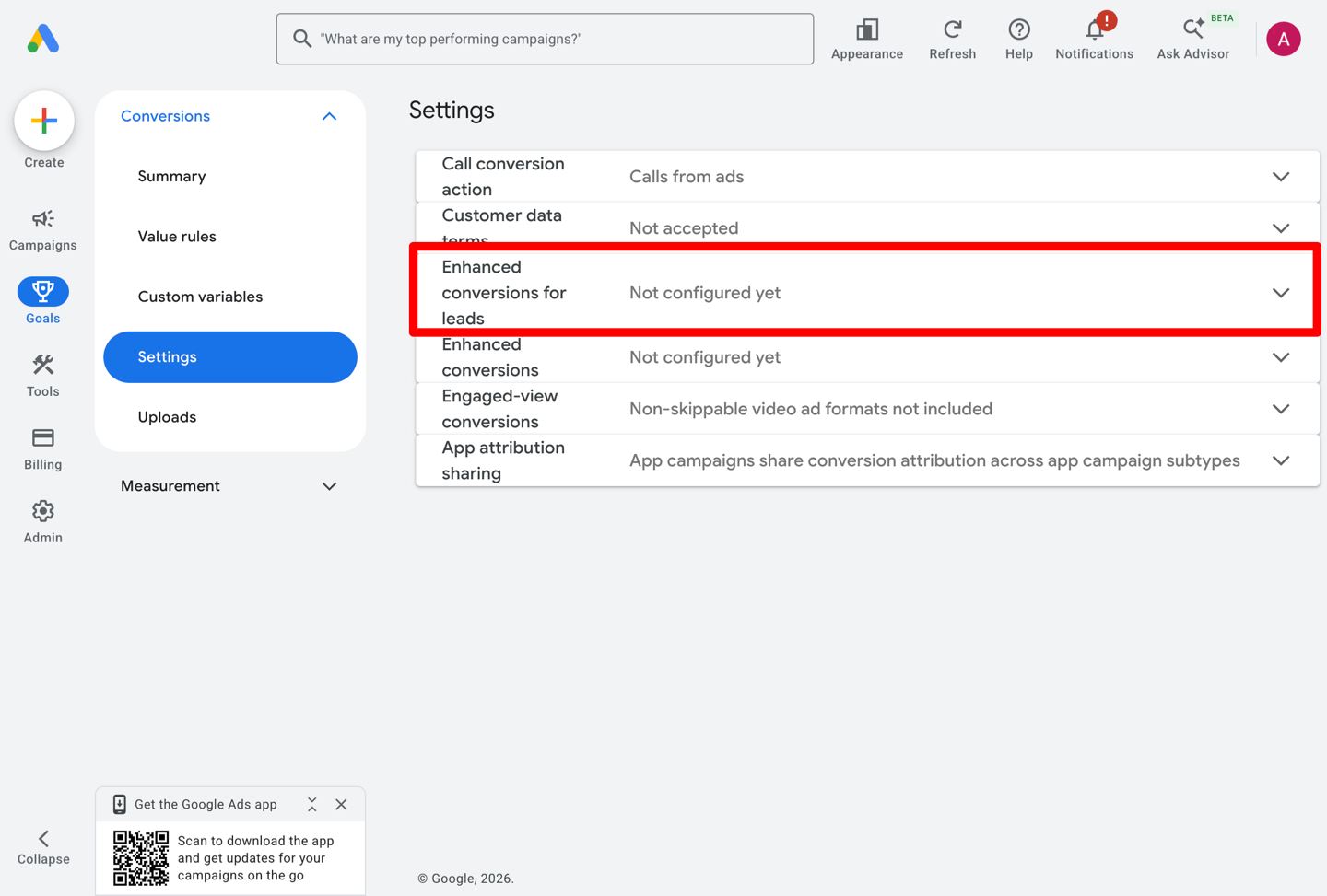 The Settings page with the Enhanced conversions for leads row highlighted