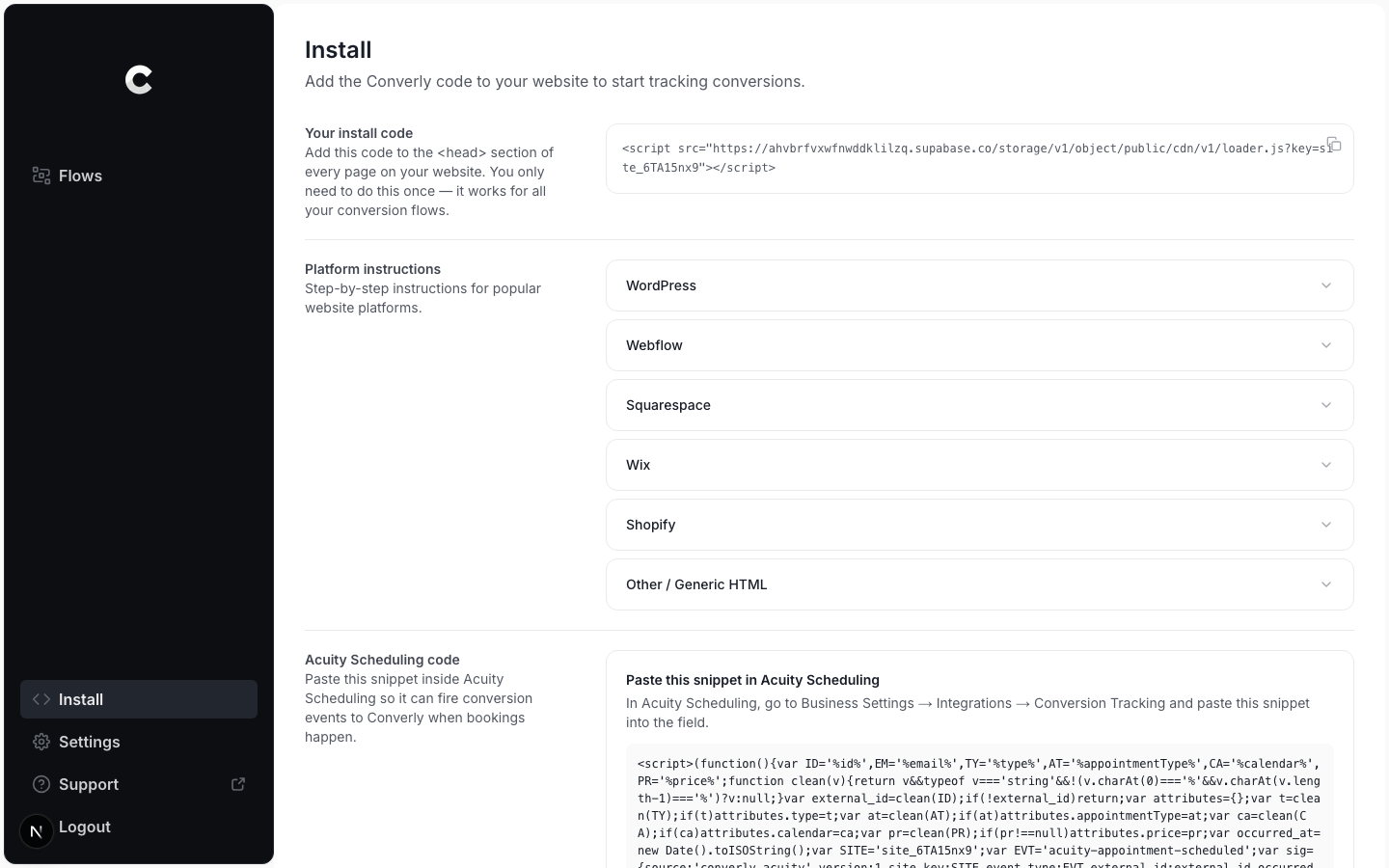 The Install page showing the Converly code snippet and platform instructions