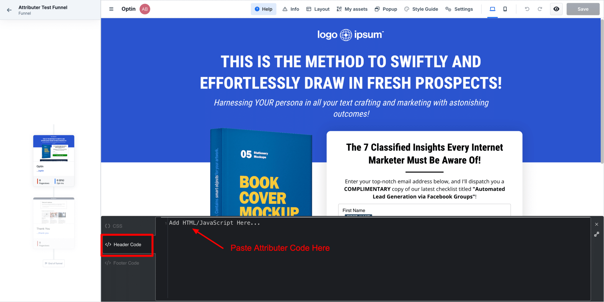 The ClickFunnels Header Code area with the Converly code pasted in