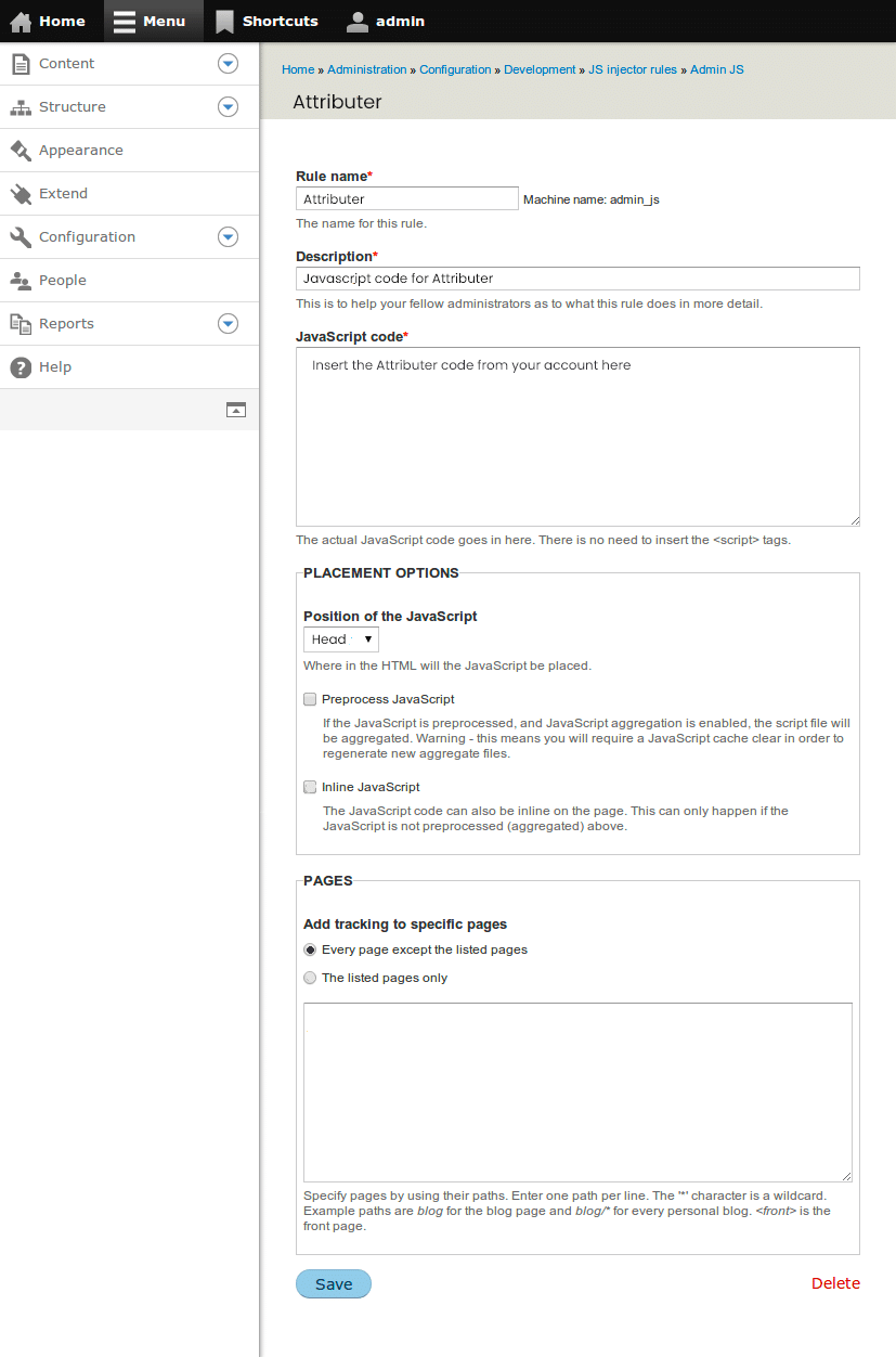 The Drupal screen where head code is added