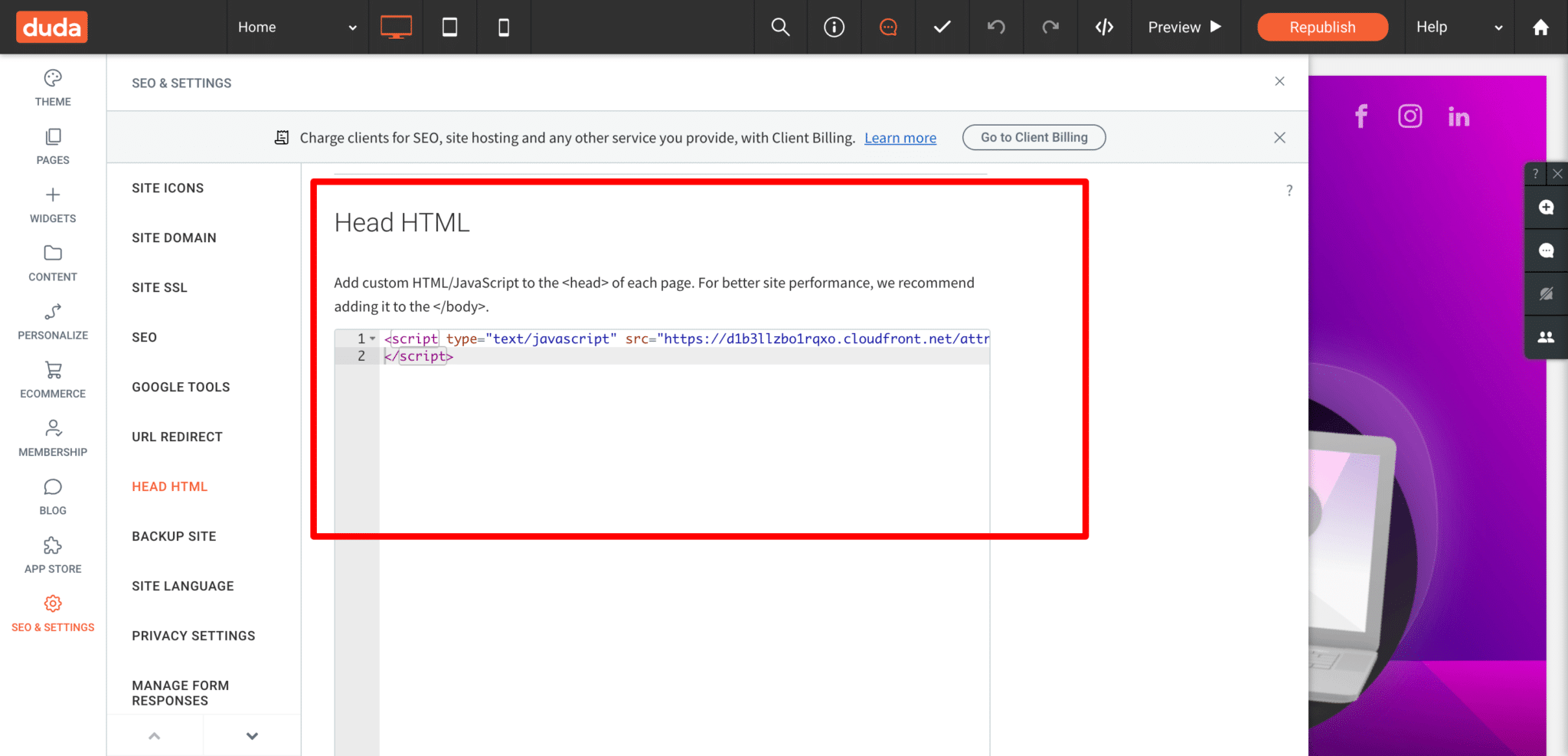 The Duda settings menu with Head HTML selected and the Head HTML code box