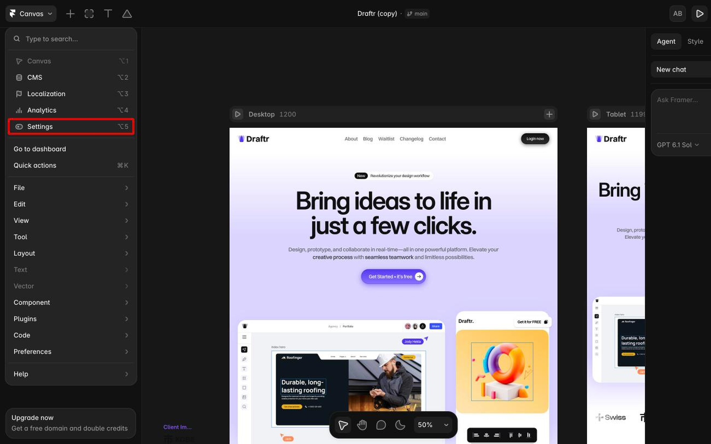 The Framer editor with the top left menu open and Settings highlighted