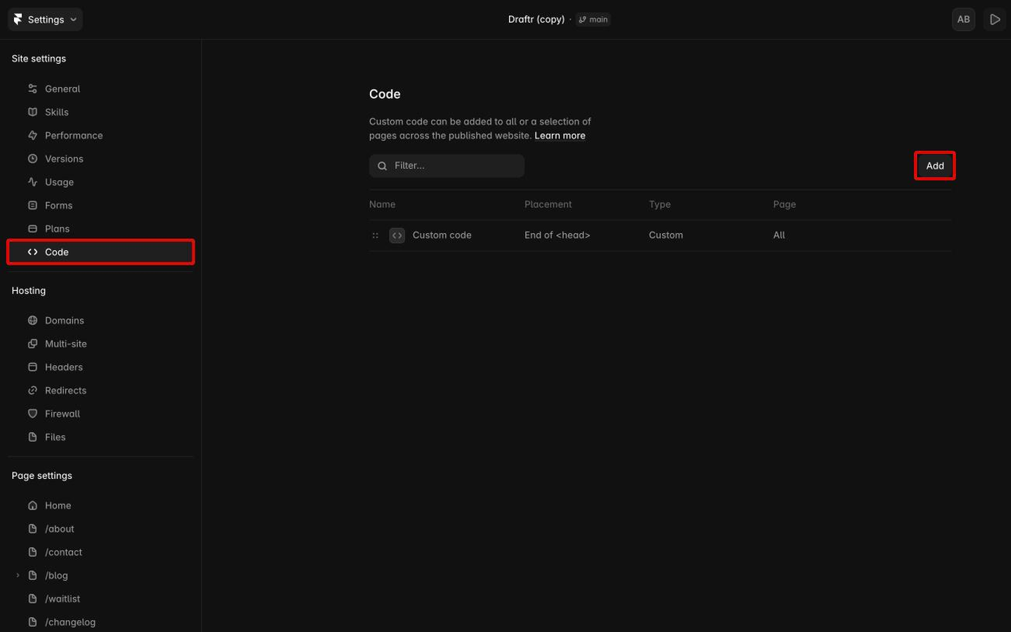 The Framer settings page with Code selected in the left menu and the Add button highlighted