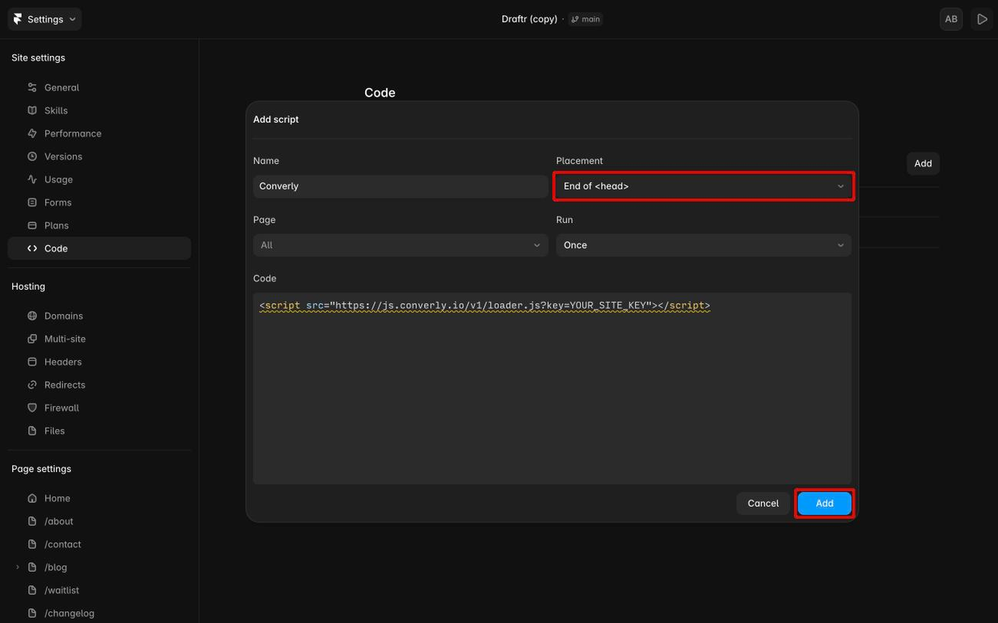 The Framer Add script window with the Converly code pasted in and the Add button highlighted