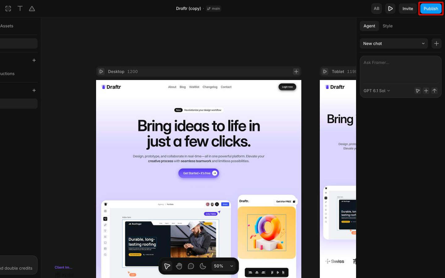 The Framer editor with the Publish button highlighted