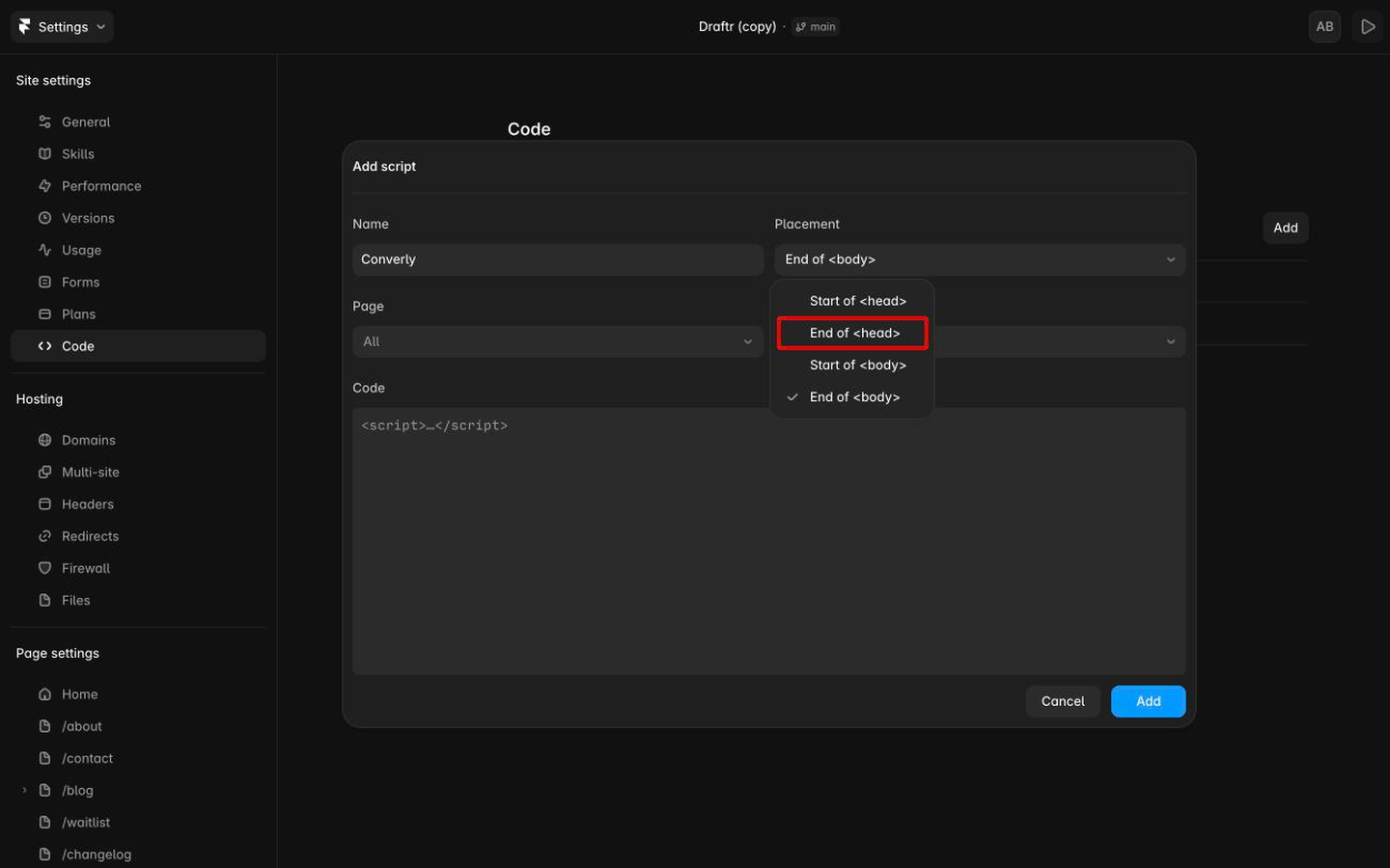 The Framer Placement dropdown open with End of head highlighted
