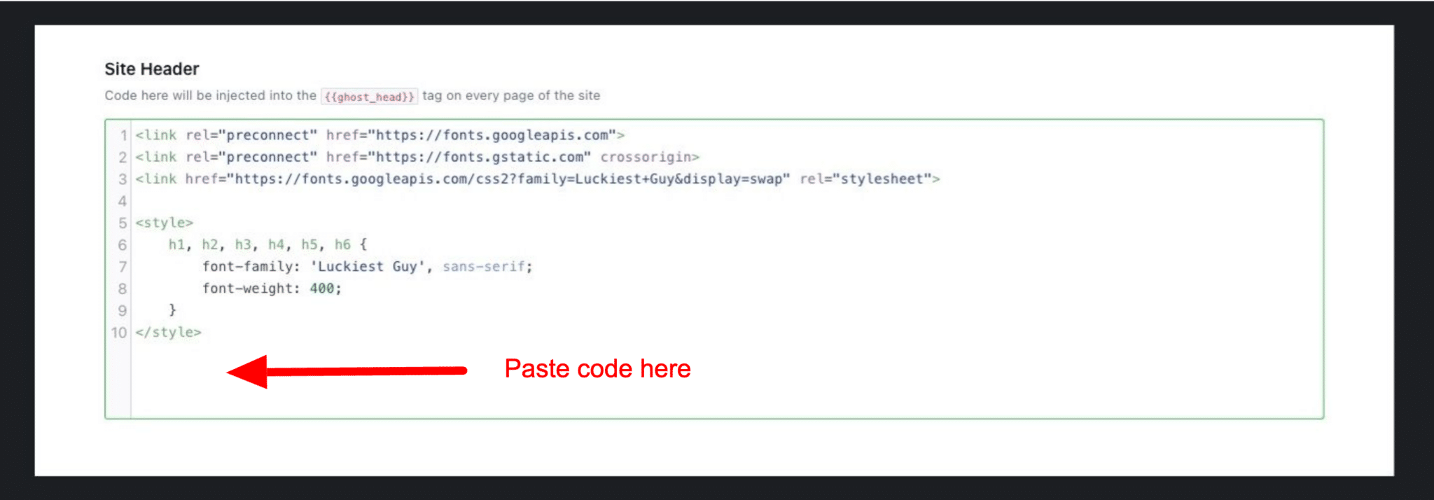 The Ghost screen where head code is added