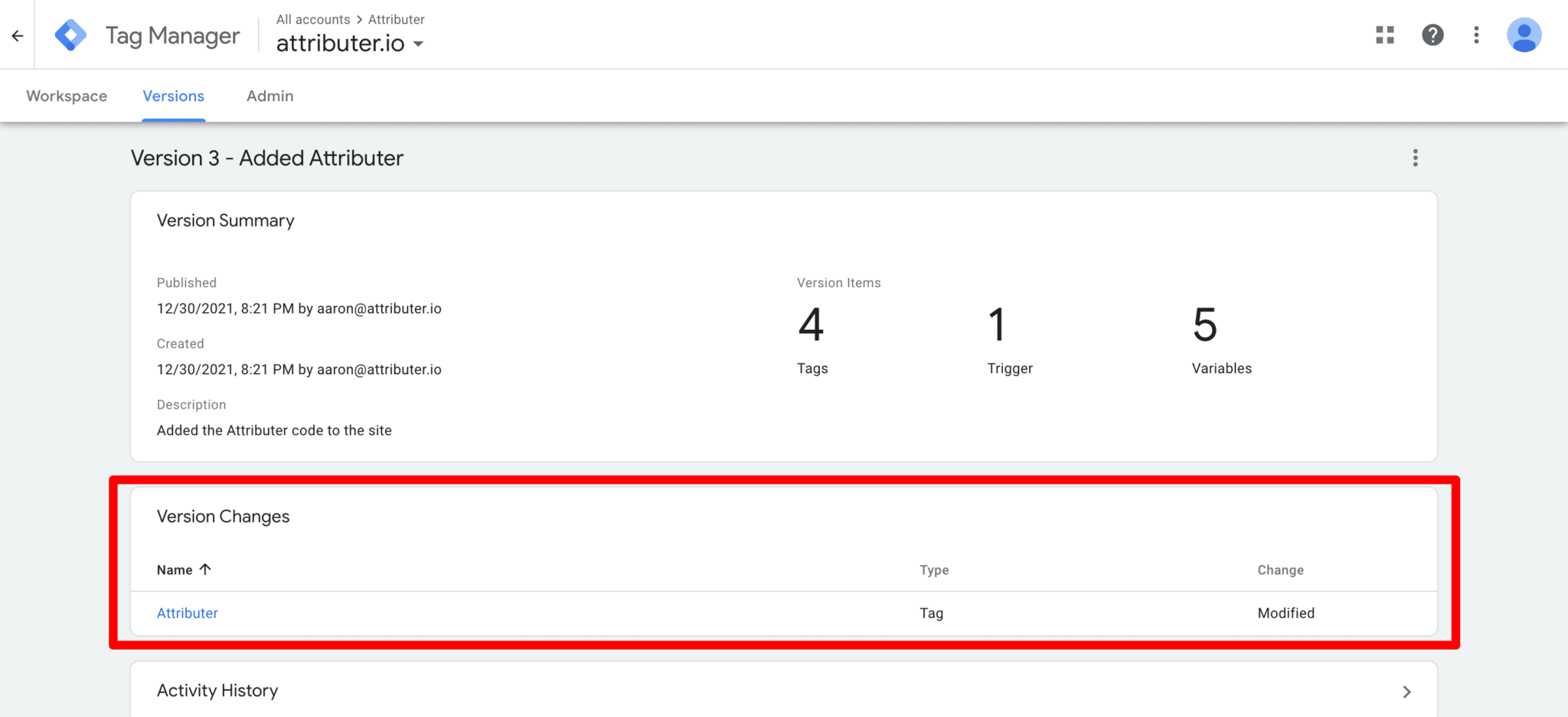 The Tag Manager version summary listing the Converly tag