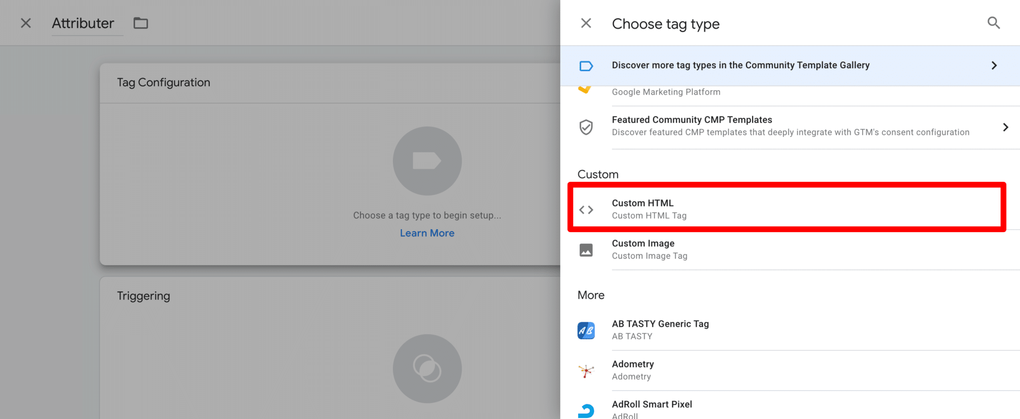 The Google Tag Manager tag type list with Custom HTML highlighted