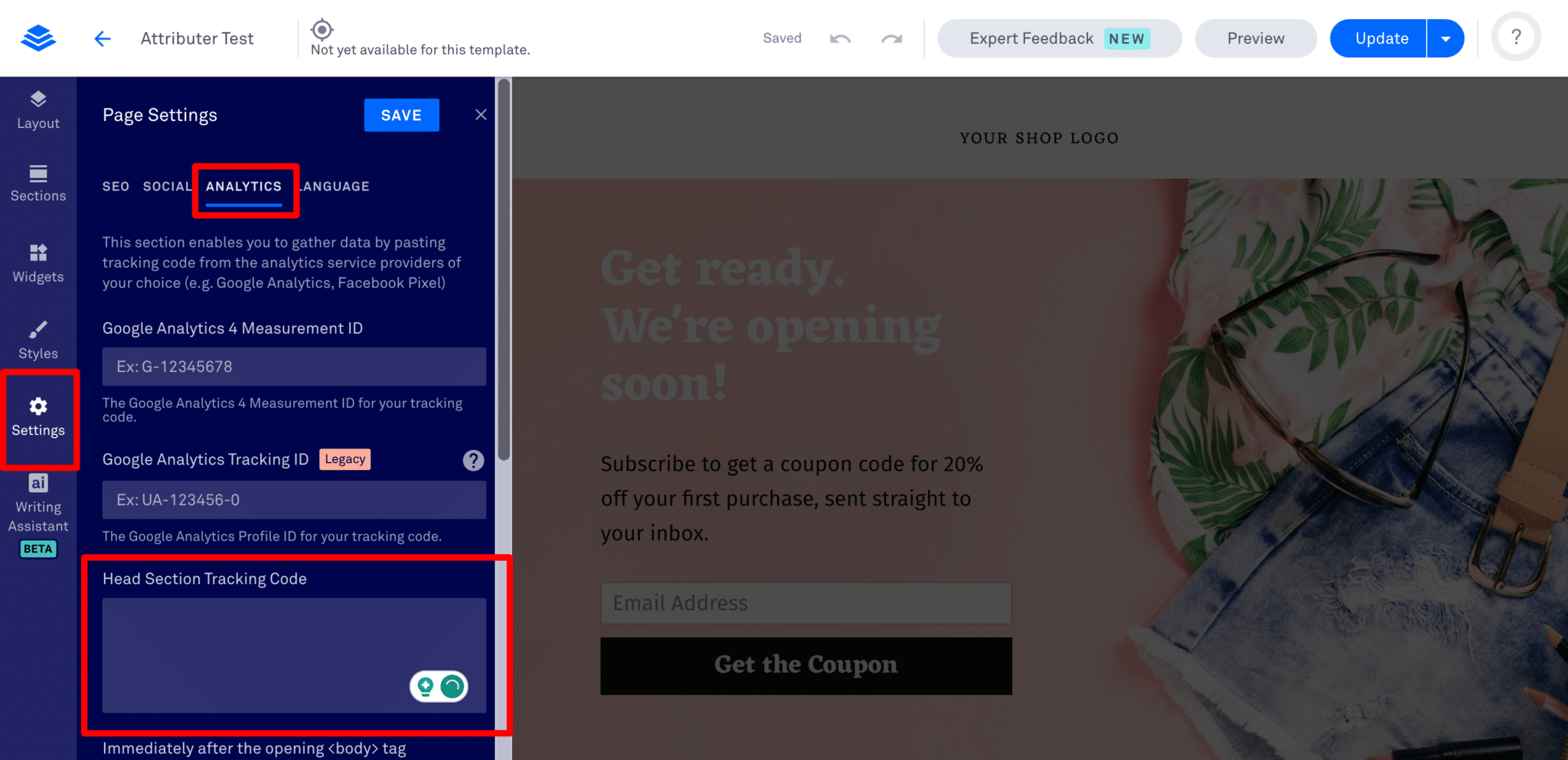 The Leadpages screen where head code is added