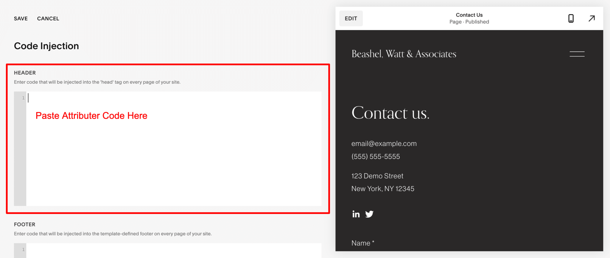 The Squarespace screen where head code is added