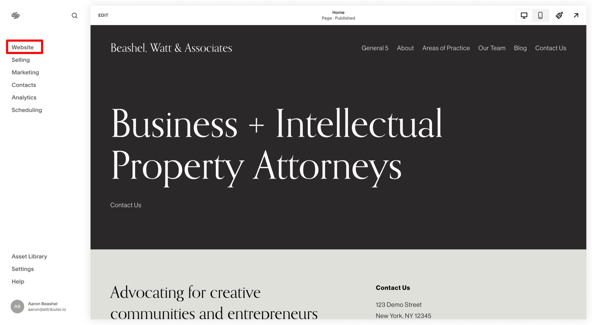 The Squarespace dashboard sidebar with the Website menu highlighted