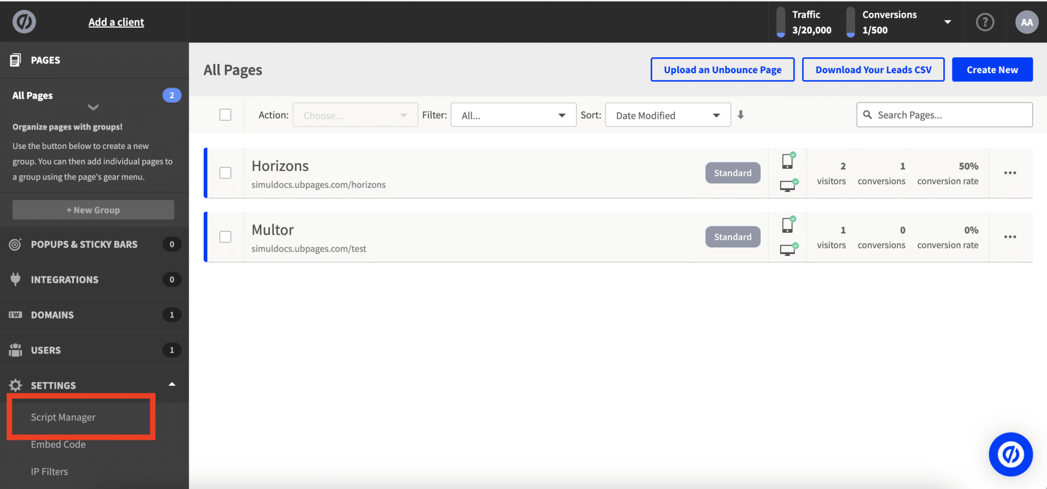 The Unbounce screen where head code is added