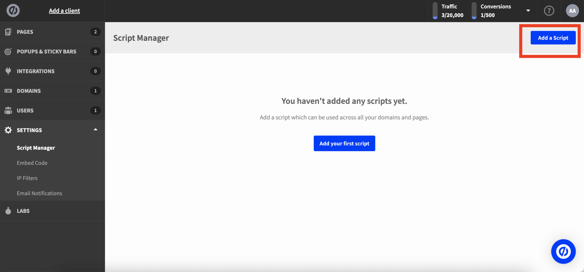 The Unbounce Script Manager page with the Add a Script button