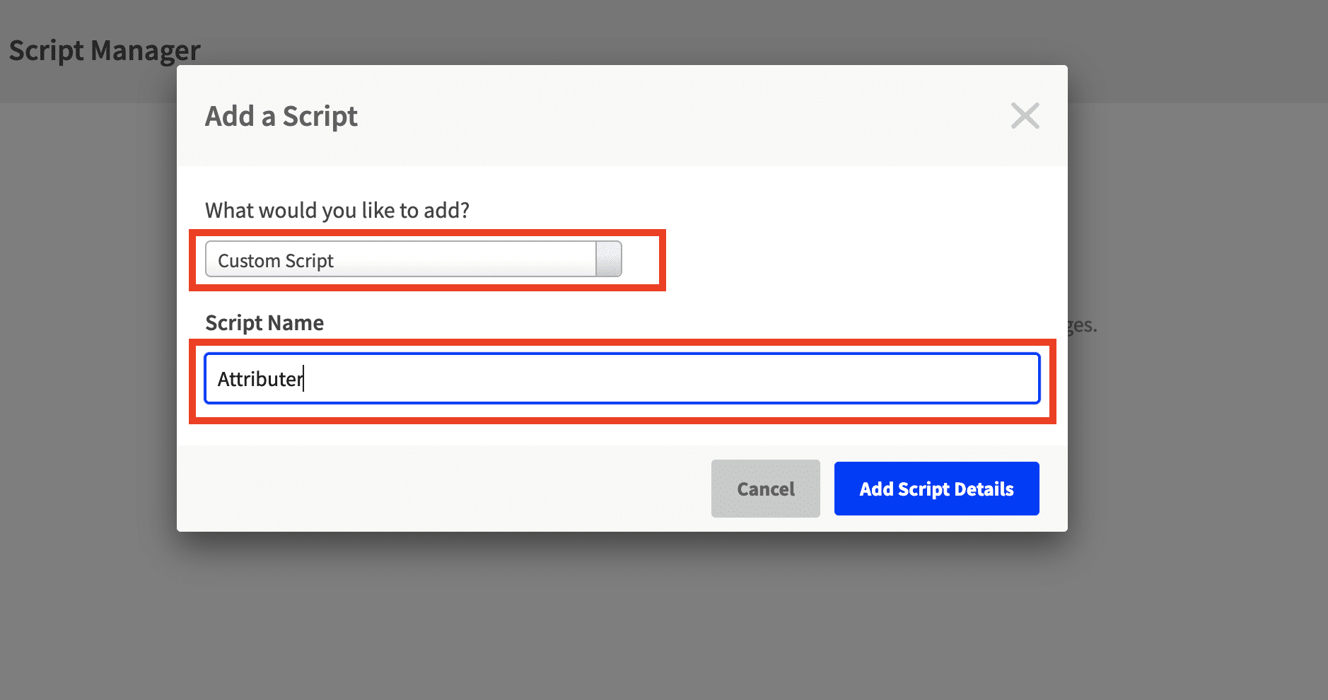 The Unbounce Add a Script dialog with Custom Script selected and a name entered