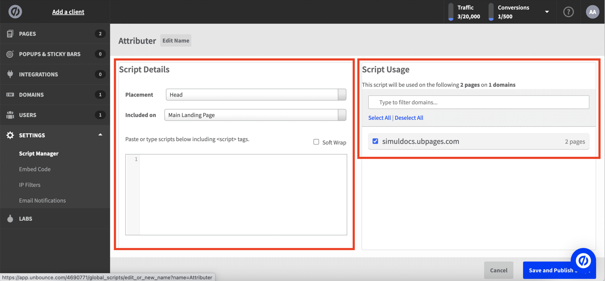 The Unbounce script details panel with placement set to Head and the code box