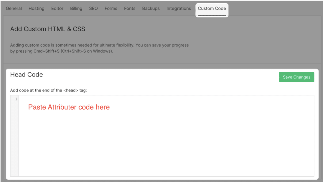 The Webflow screen where head code is added