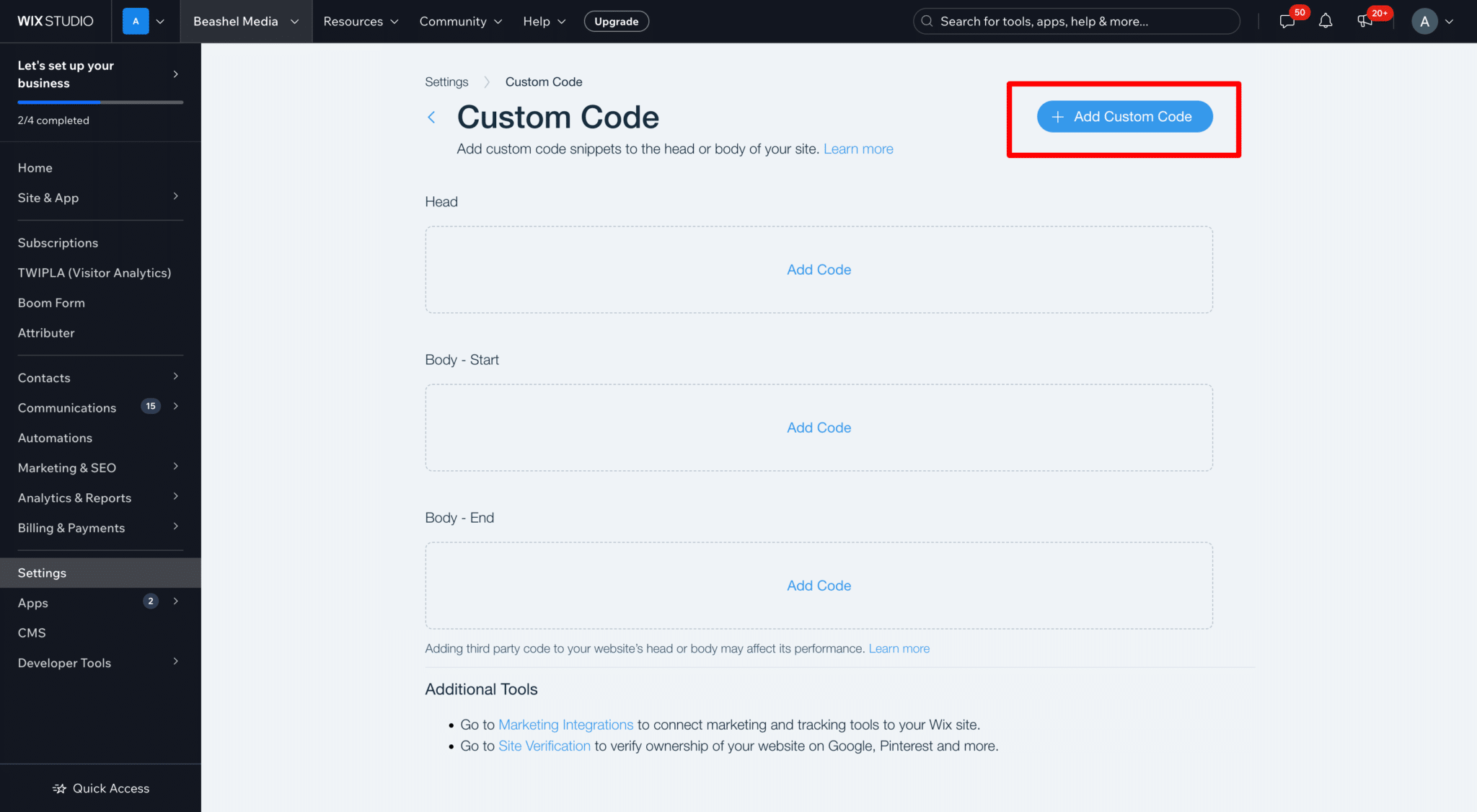 The Wix Custom Code page with the Add Custom Code button highlighted