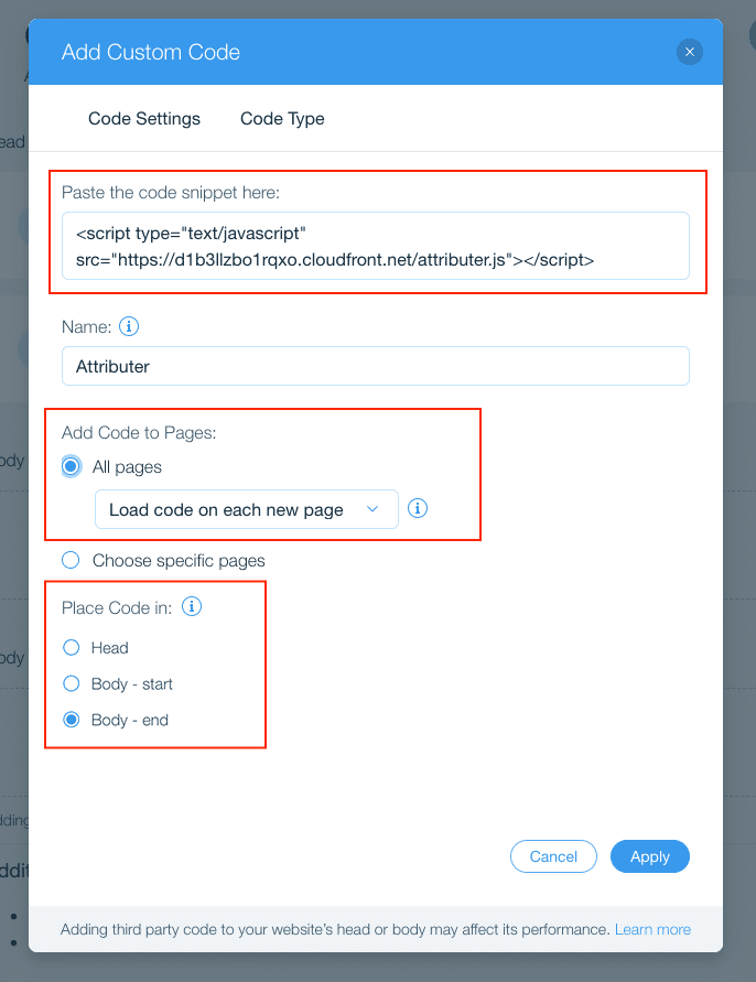 The Wix Add Custom Code dialog with the code snippet, name, all pages and head settings