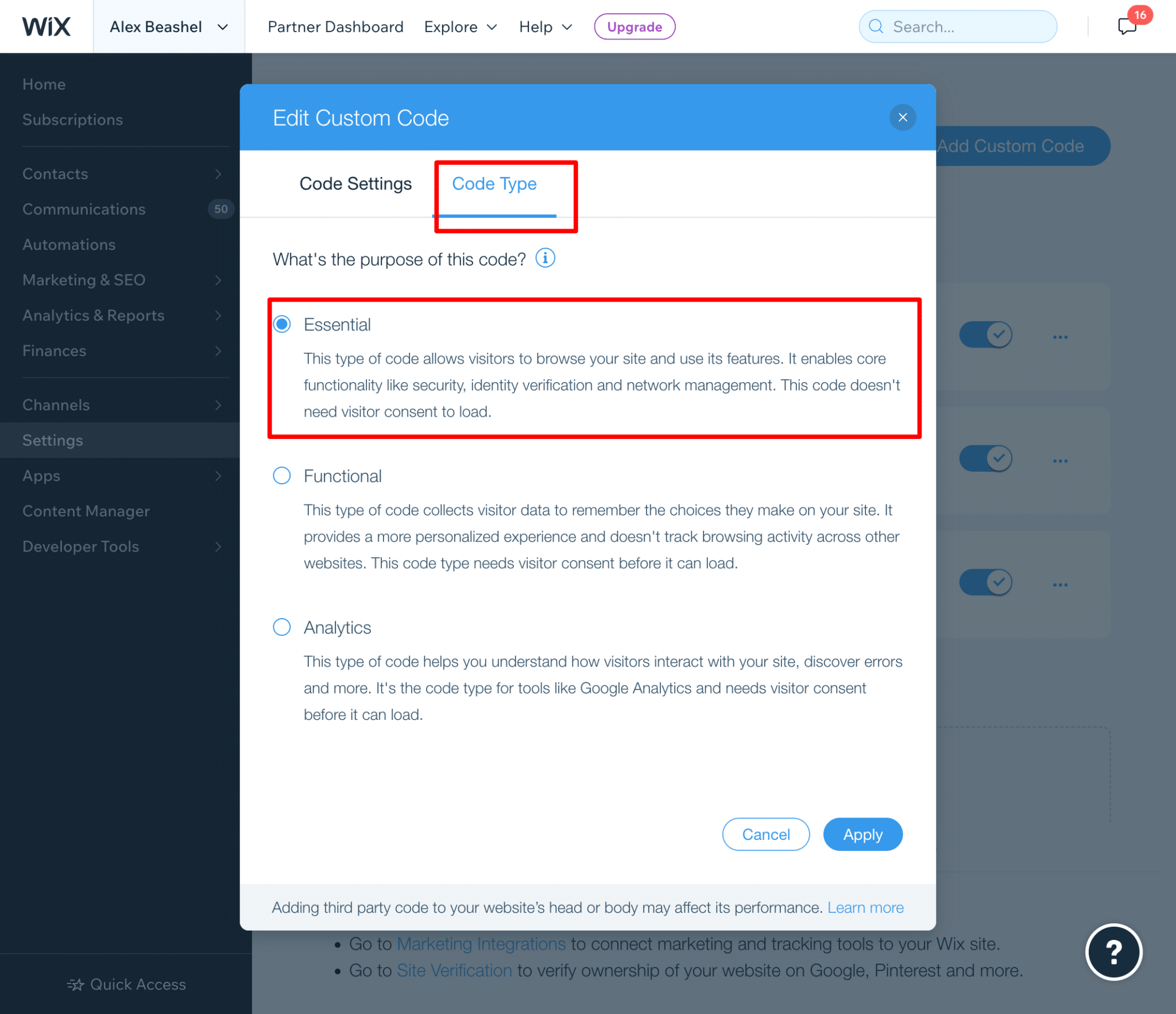 The Wix Code Type tab with the Essential option selected