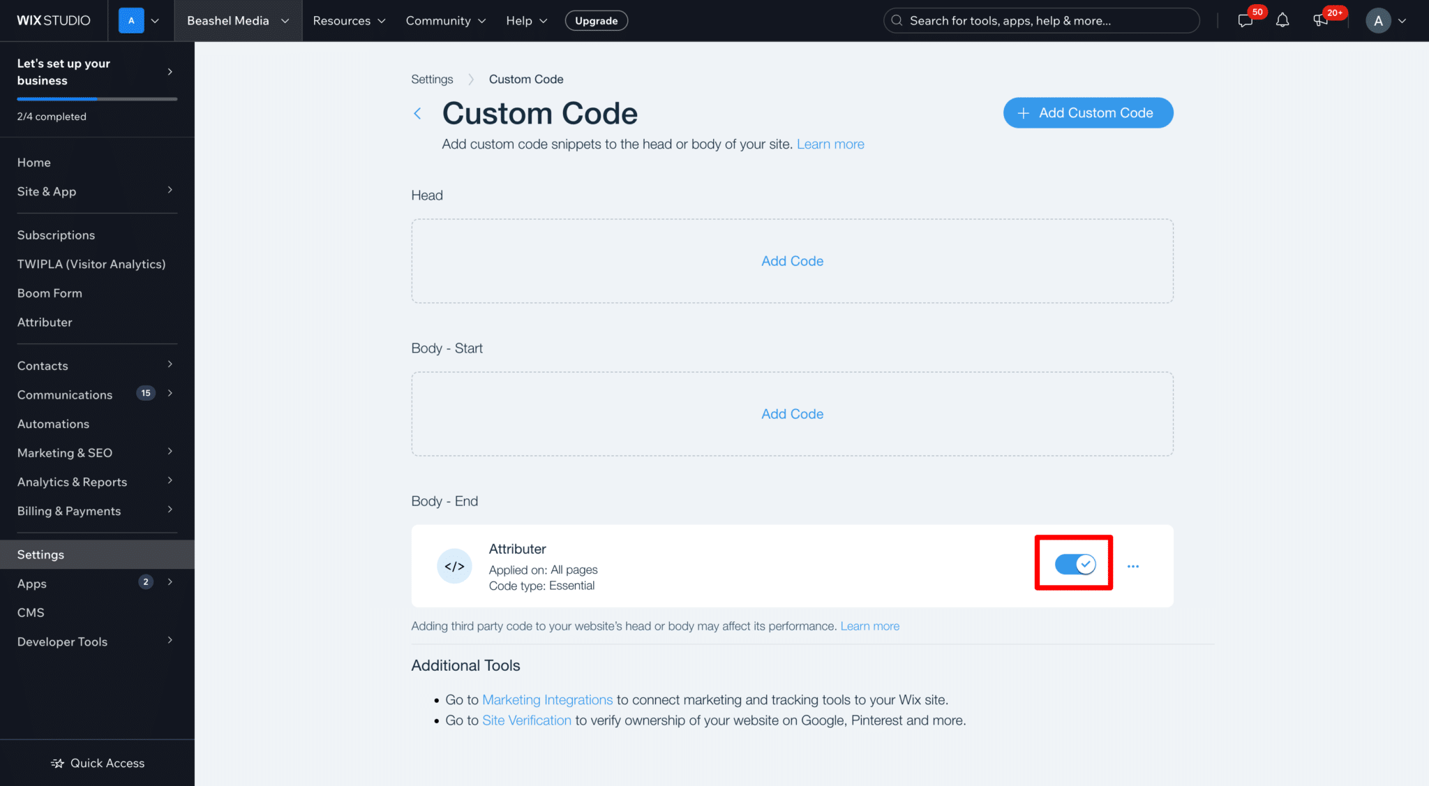 The Wix Custom Code page showing the Converly entry enabled