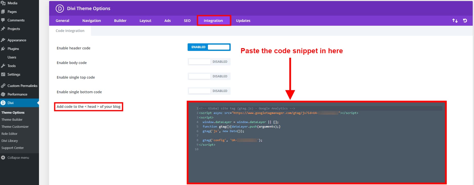 The Divi theme Integrations tab with a head code field