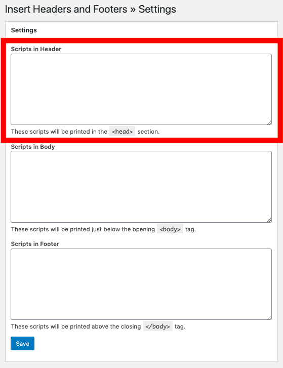 A WordPress header code plugin showing a Scripts in Header field